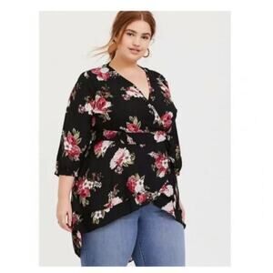 Torrid Black Floral Hi-Lo Tie Front Blouse Size: 1